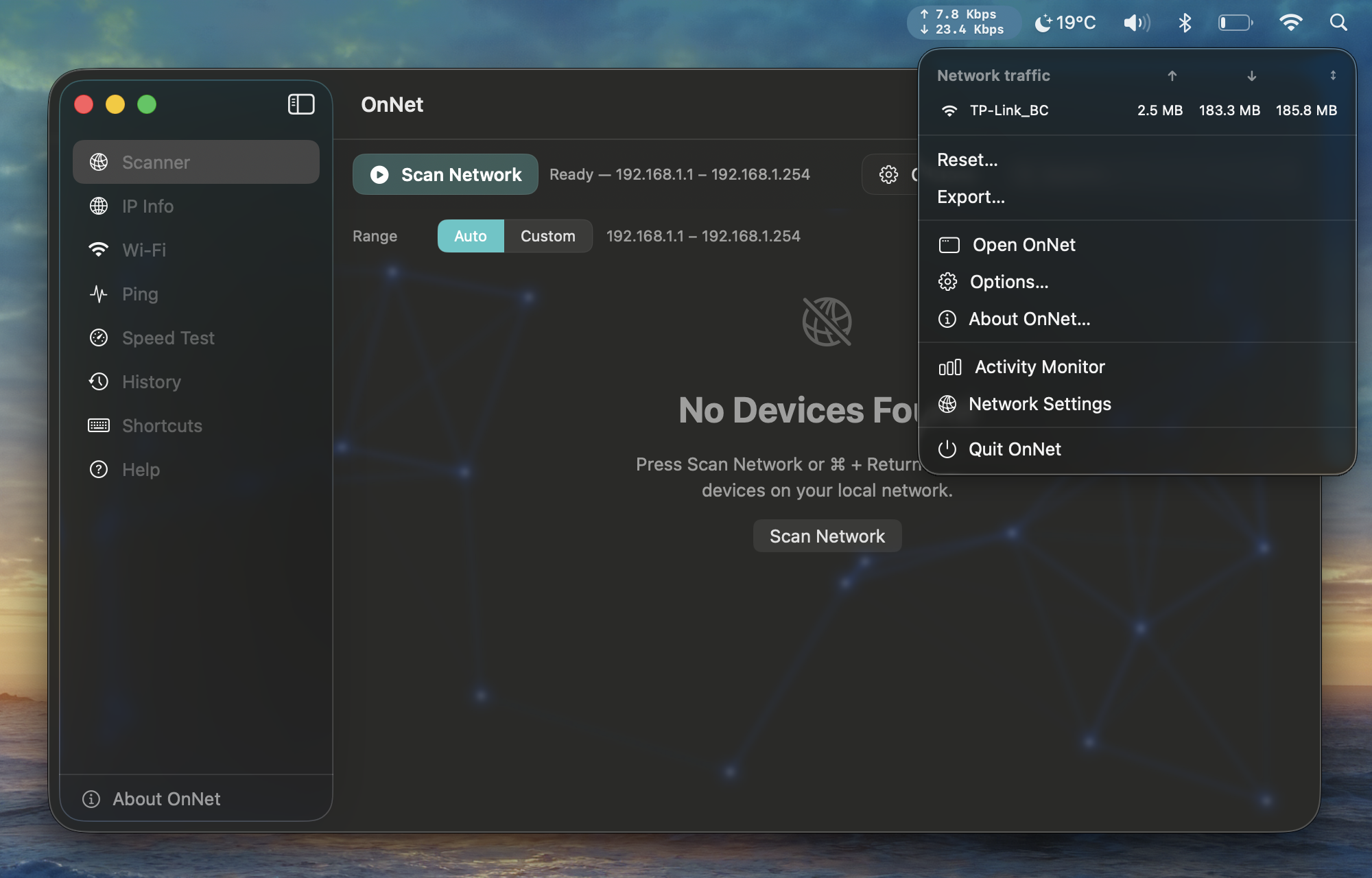 OnNet Toolkit menu bar dropdown